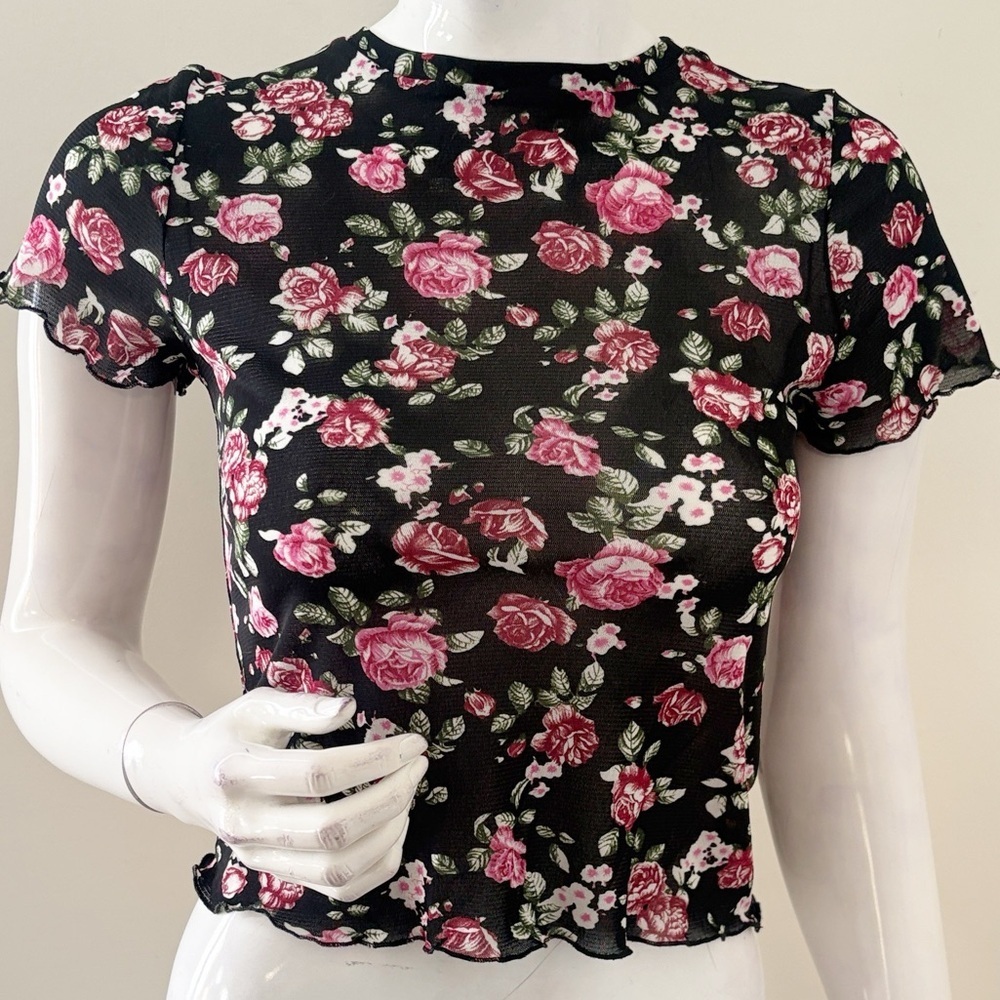Reformation Black & Pink Floral Rose Print Mesh Cropped Short Sleeve Baby Tee